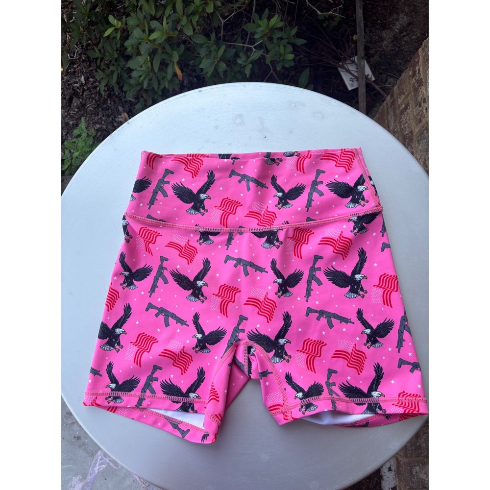Born United Womens Pink Patriotic Eagle Flag Rifle Compression Shorts Size M